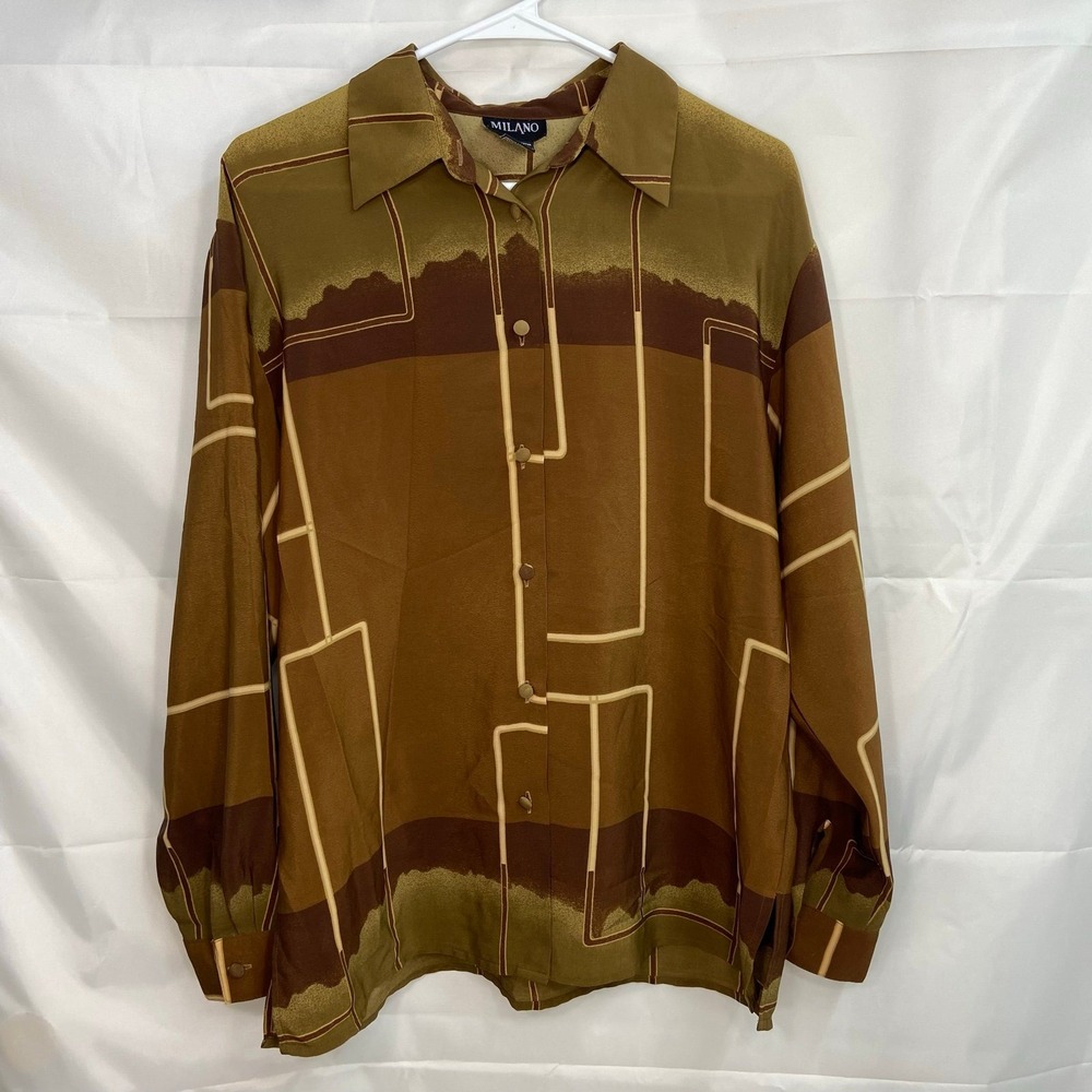 EUC Vintage Milano women's brown abstract geometric collared button down shirt M